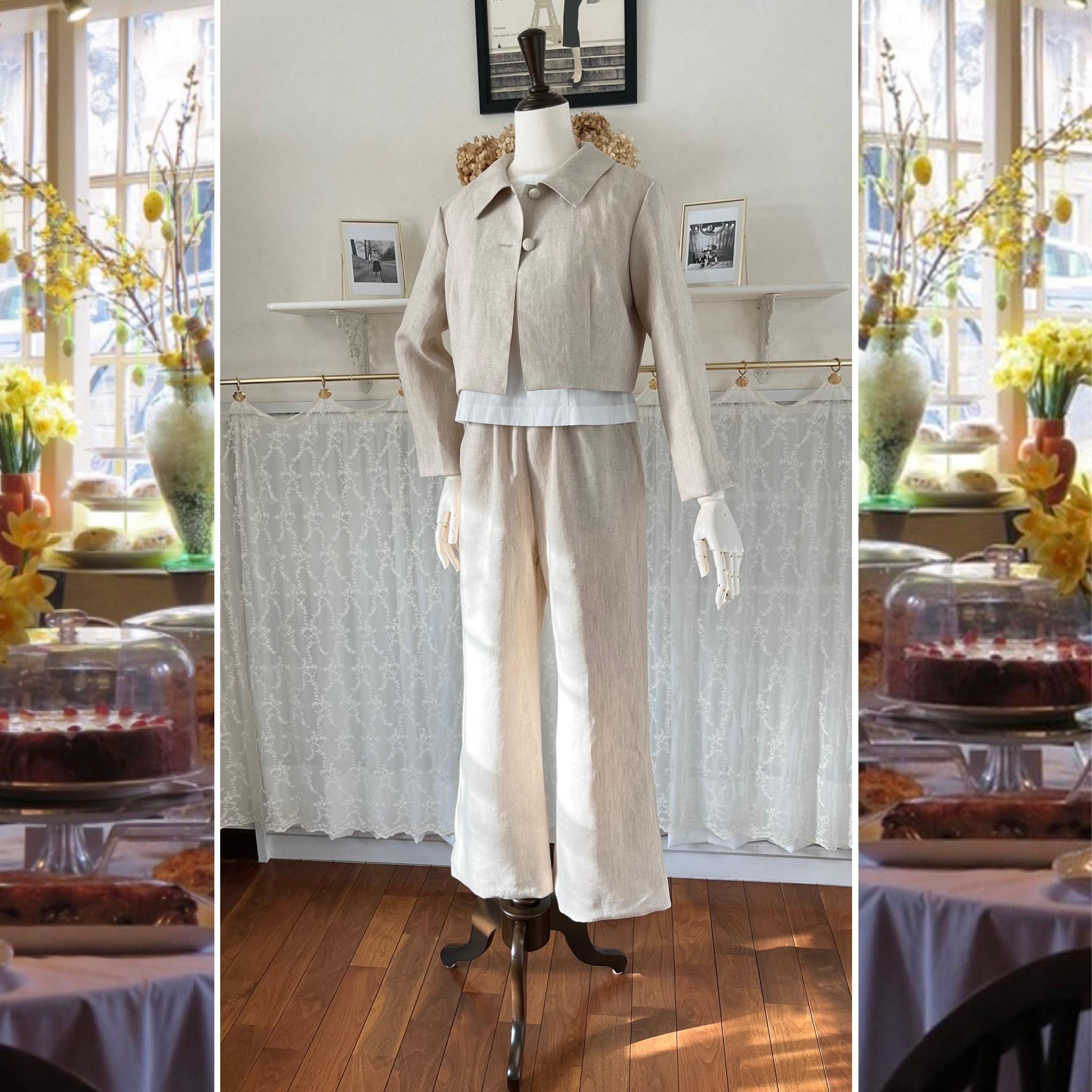 リネンのキレイ目・サイズフリーパンツ『キレイ目シルエット・ベージュ・ウエストゴム』 | 6枚目