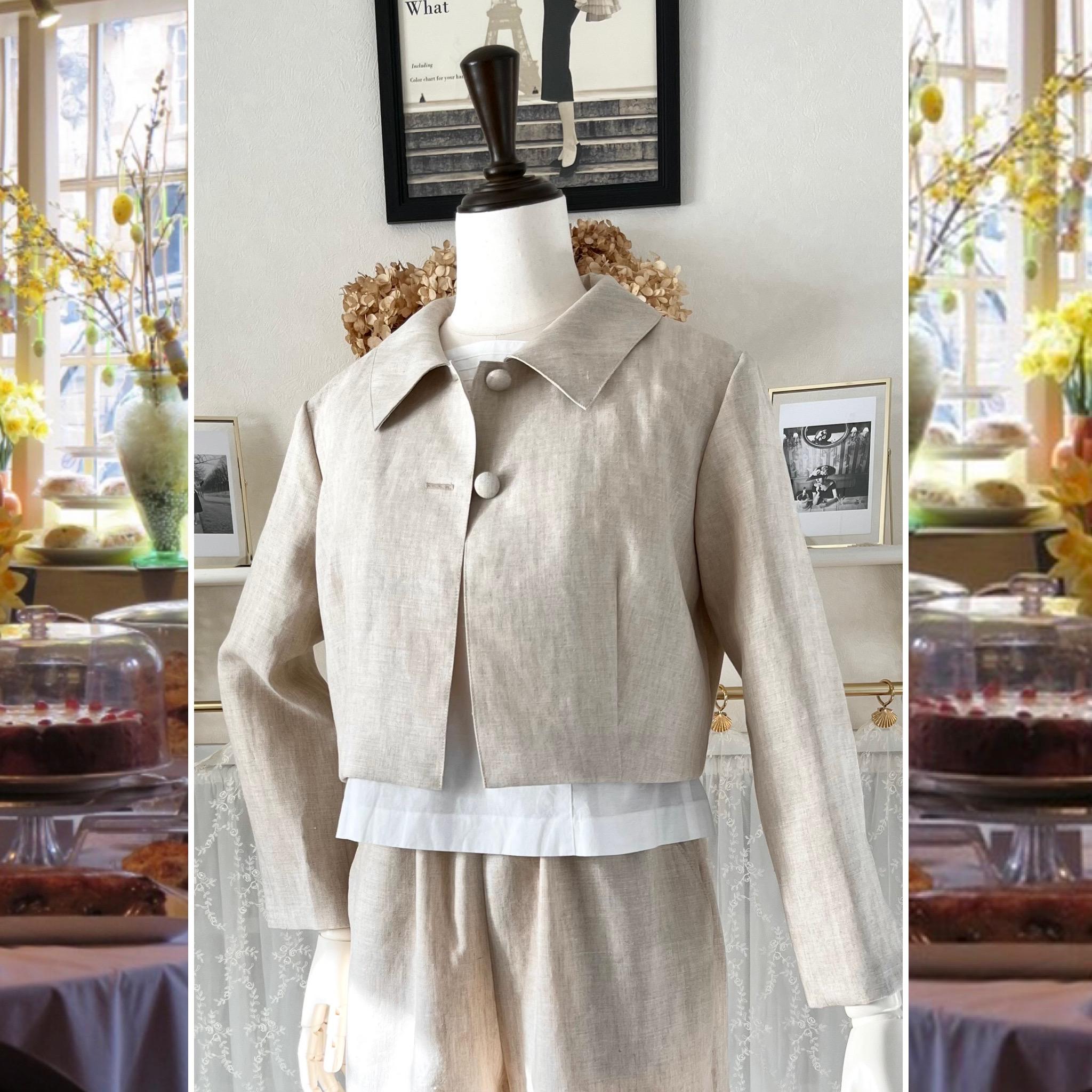 リネンの襟付きボレロ『ショートジャケット・ナチュラルベージュ・丈短・キレイめ・ハオリモノ』