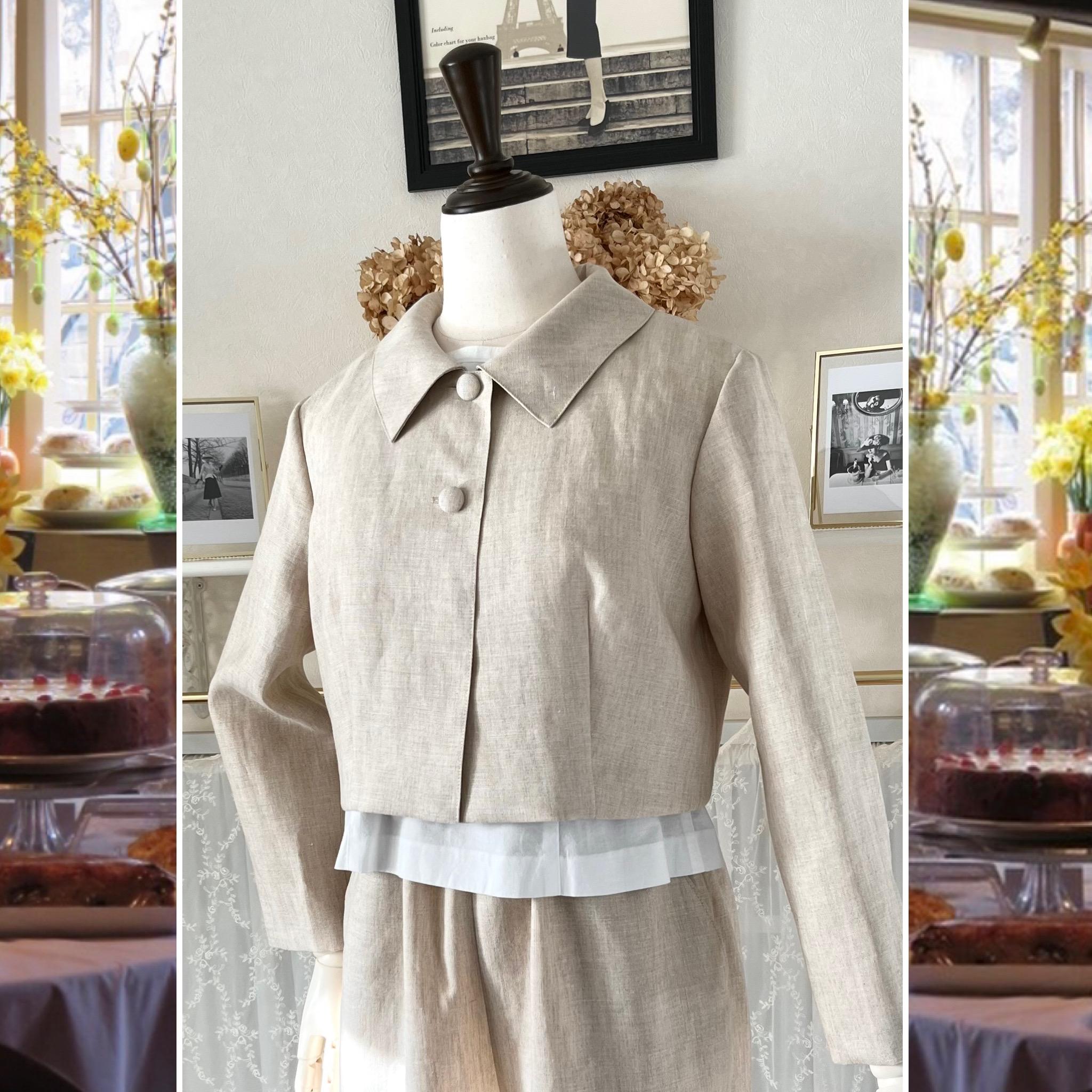 リネンの襟付きボレロ『ショートジャケット・ナチュラルベージュ・丈短・キレイめ・ハオリモノ』 | 2枚目