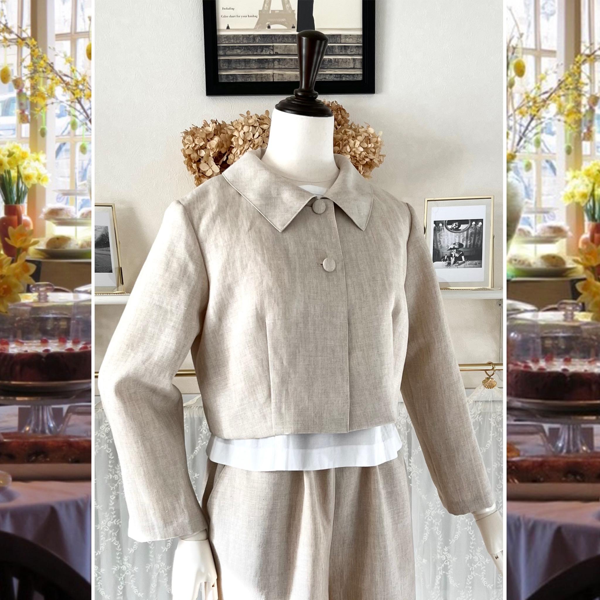 リネンの襟付きボレロ『ショートジャケット・ナチュラルベージュ・丈短・キレイめ・ハオリモノ』 | 3枚目