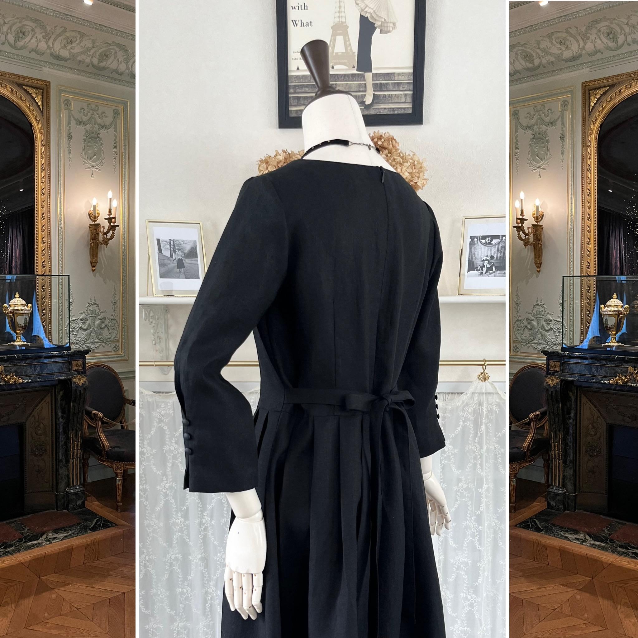 黒リネンのエレガントなワンピース『 アンリエット・HSN』ブラック・ローウエスト・タック・ウエストリボン・セレモニー | 5枚目