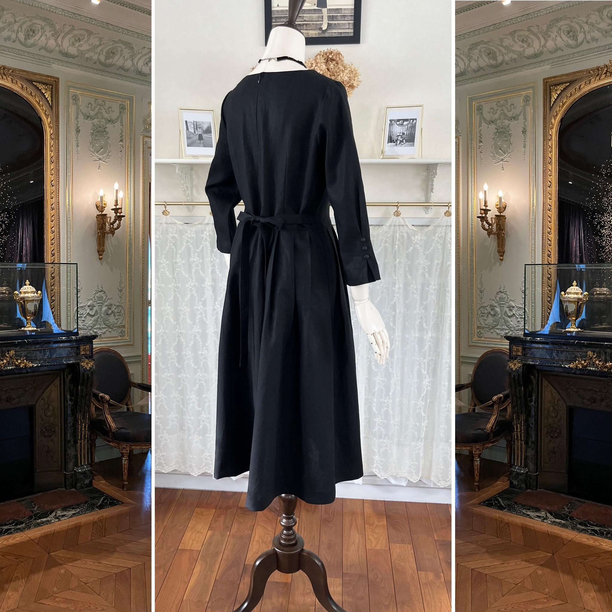 黒リネンのエレガントなワンピース『 アンリエット・HSN』ブラック・ローウエスト・タック・ウエストリボン・セレモニー | 6枚目