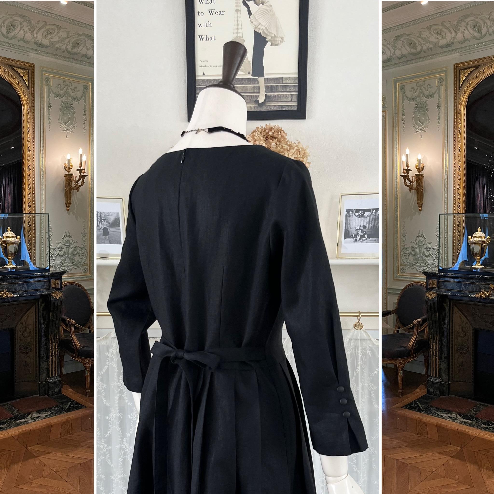 黒リネンのエレガントなワンピース『 アンリエット・HSN』ブラック・ローウエスト・タック・ウエストリボン・セレモニー | 7枚目