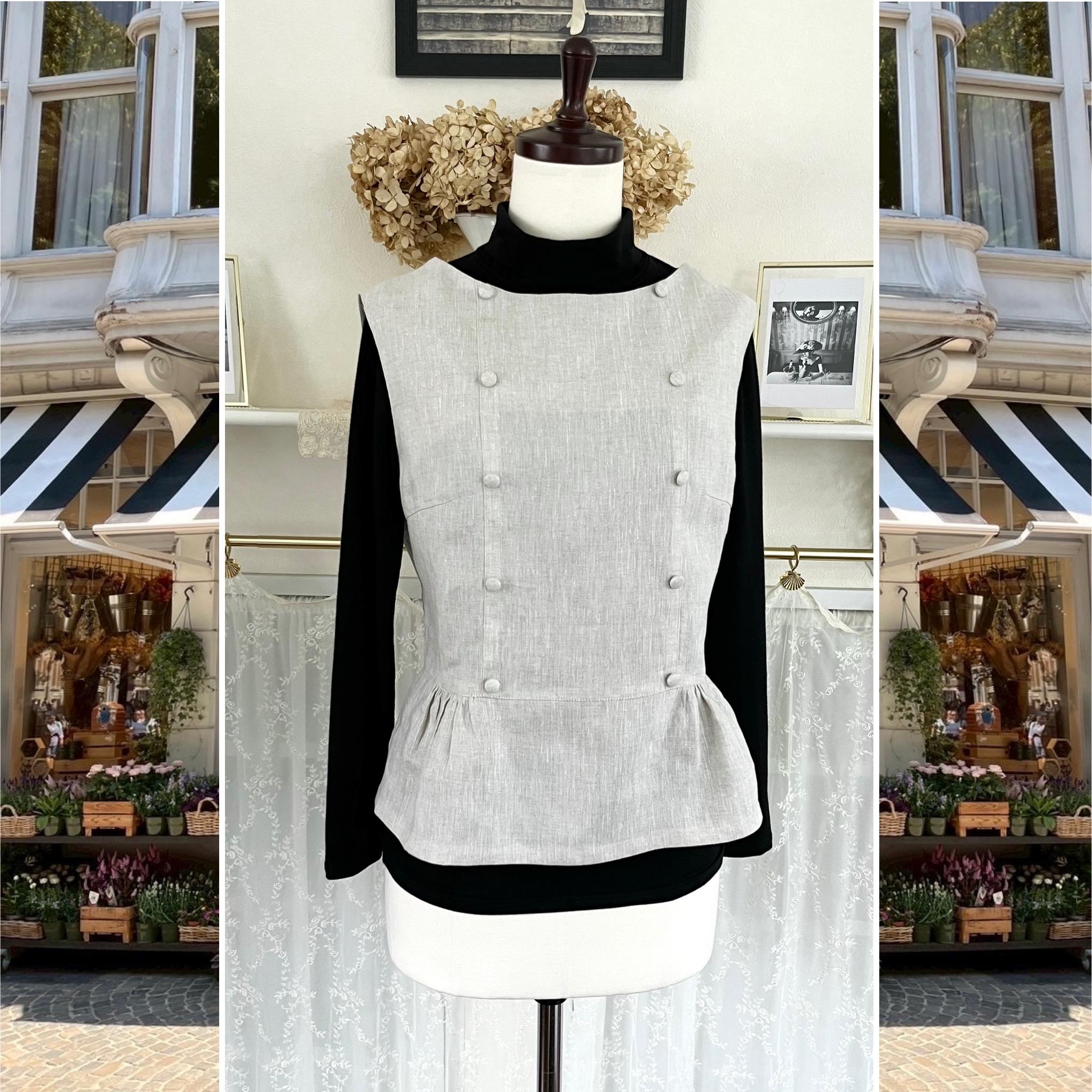 リネンのノースリーブ・ギャザーブラウス『ナチュラルカラー・生成り・重ね着・後ろファスナー・1点のみ』 | 2枚目