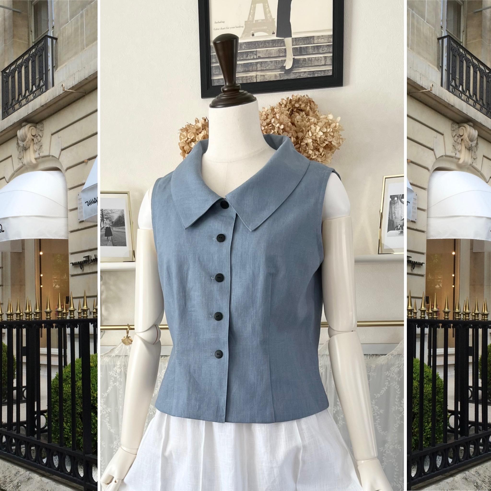 リネンの襟付き・ノースリーブブラウス『くすみブルー・麻のブラウス・ベスト・クラシカル・パリのリネン・1点のみ』