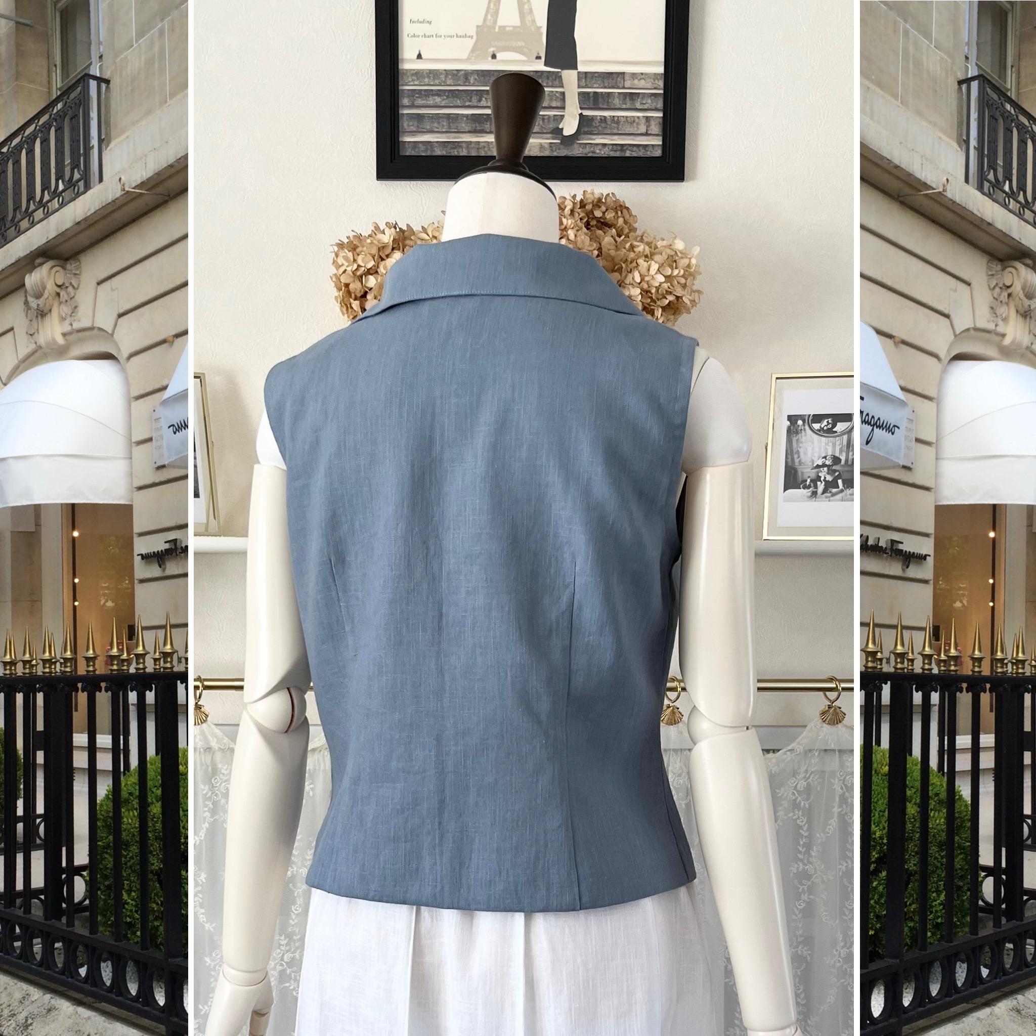 リネンの襟付き・ノースリーブブラウス『くすみブルー・麻のブラウス・ベスト・クラシカル・パリのリネン・1点のみ』 | 3枚目