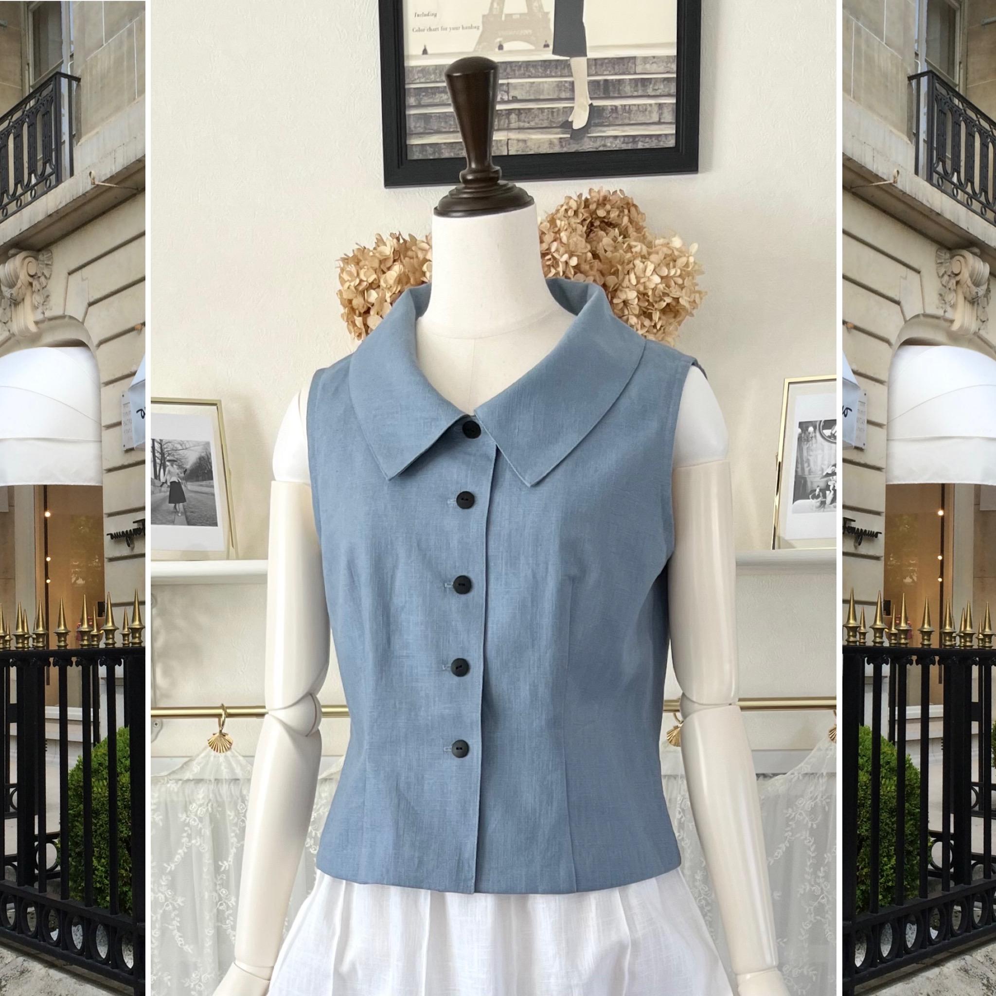 リネンの襟付き・ノースリーブブラウス『くすみブルー・麻のブラウス・ベスト・クラシカル・パリのリネン・1点のみ』 | 5枚目