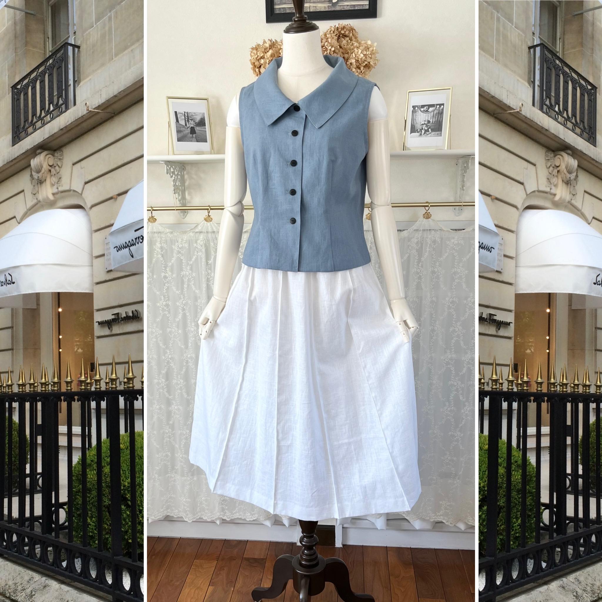 リネンの襟付き・ノースリーブブラウス『くすみブルー・麻のブラウス・ベスト・クラシカル・パリのリネン・1点のみ』 | 6枚目