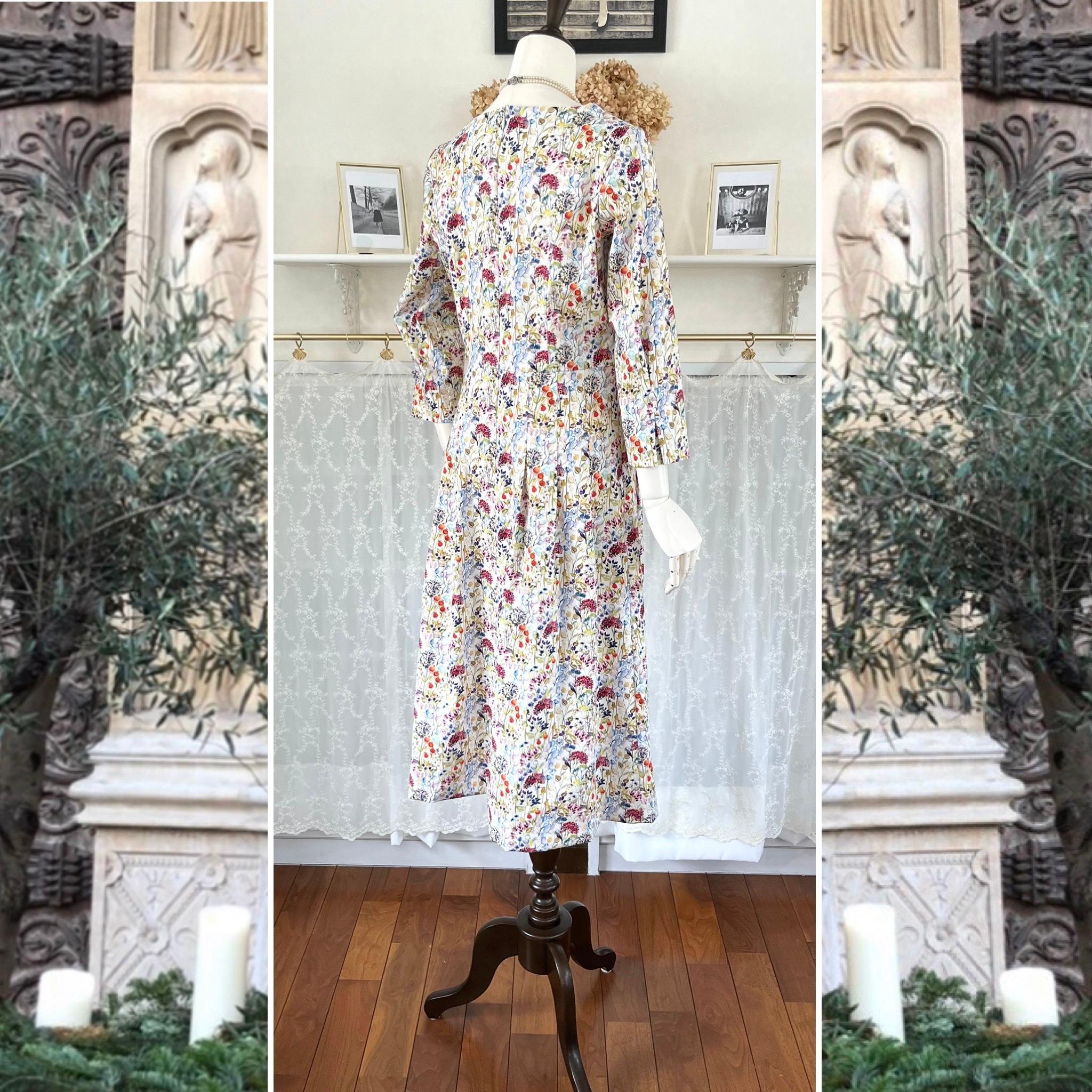 パリの花柄コットンのワンピース『アンリエット ・NR』タックスカート・キレイ目ライン・シンプル・1点のみ | 6枚目