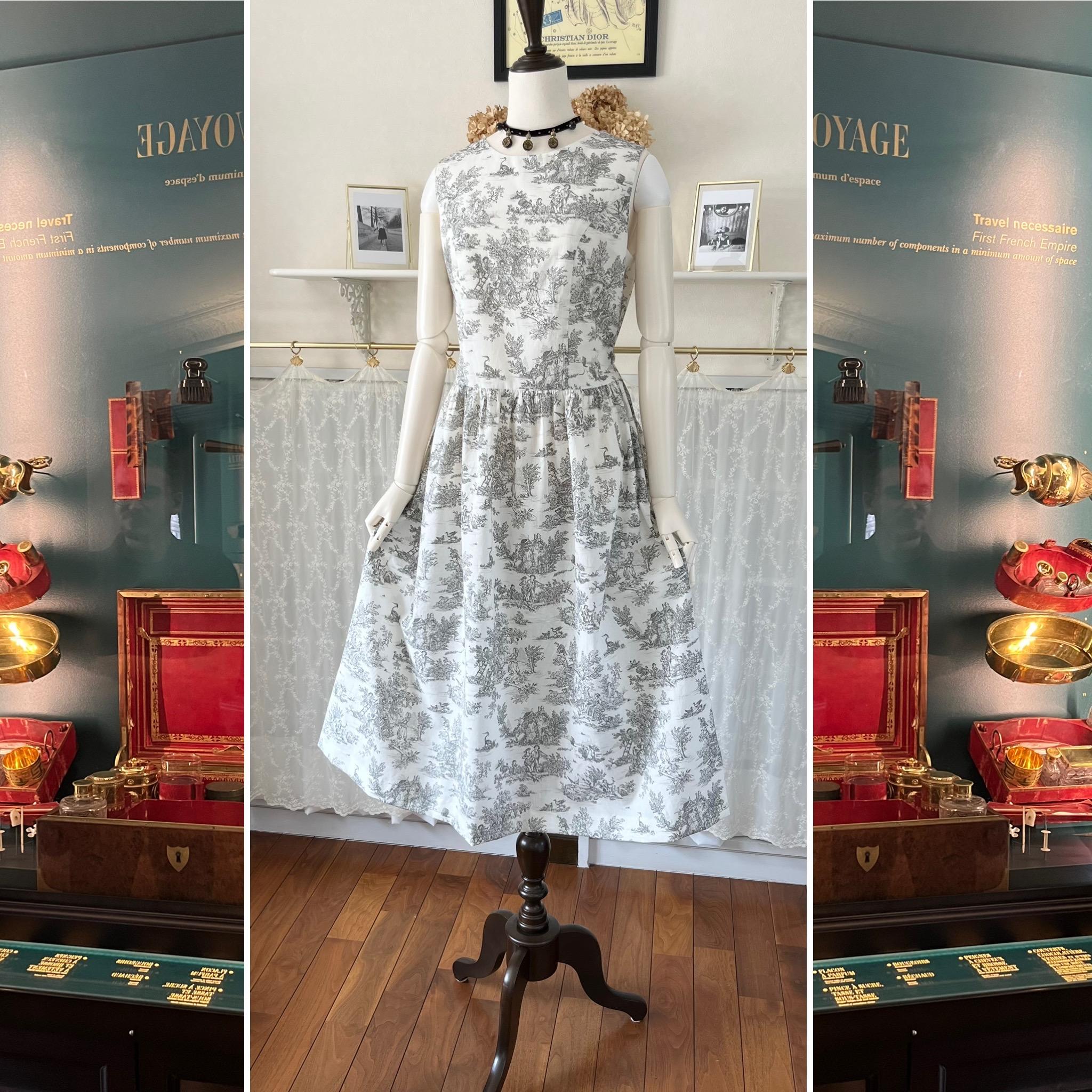 フランス製トワル・ド・ジュイのノースリーブワンピース『アンリ』コットン・グレー・ギャザー・ウエストリボン・2WAY