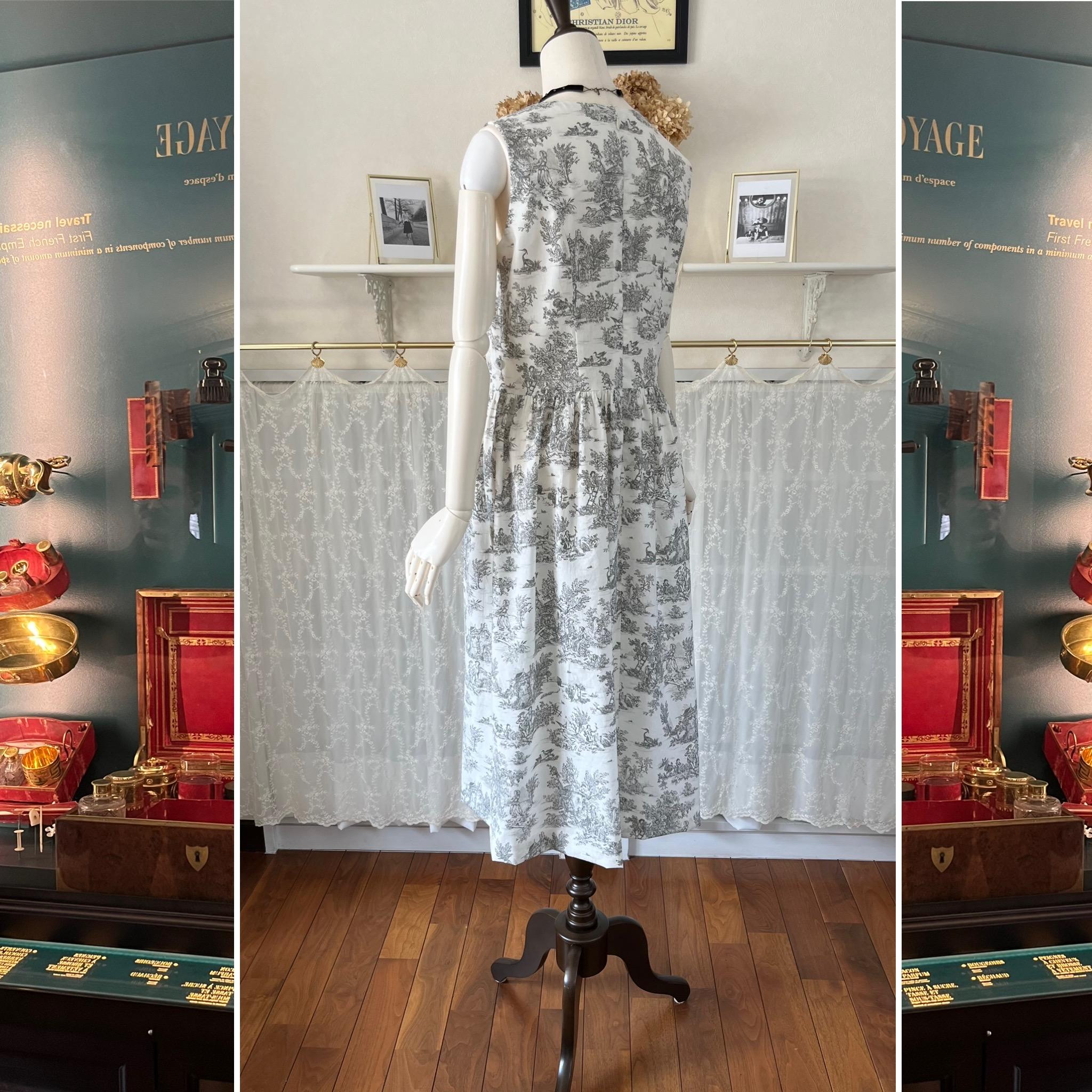 フランス製トワル・ド・ジュイのノースリーブワンピース『アンリ』コットン・グレー・ギャザー・ウエストリボン・2WAY | 10枚目