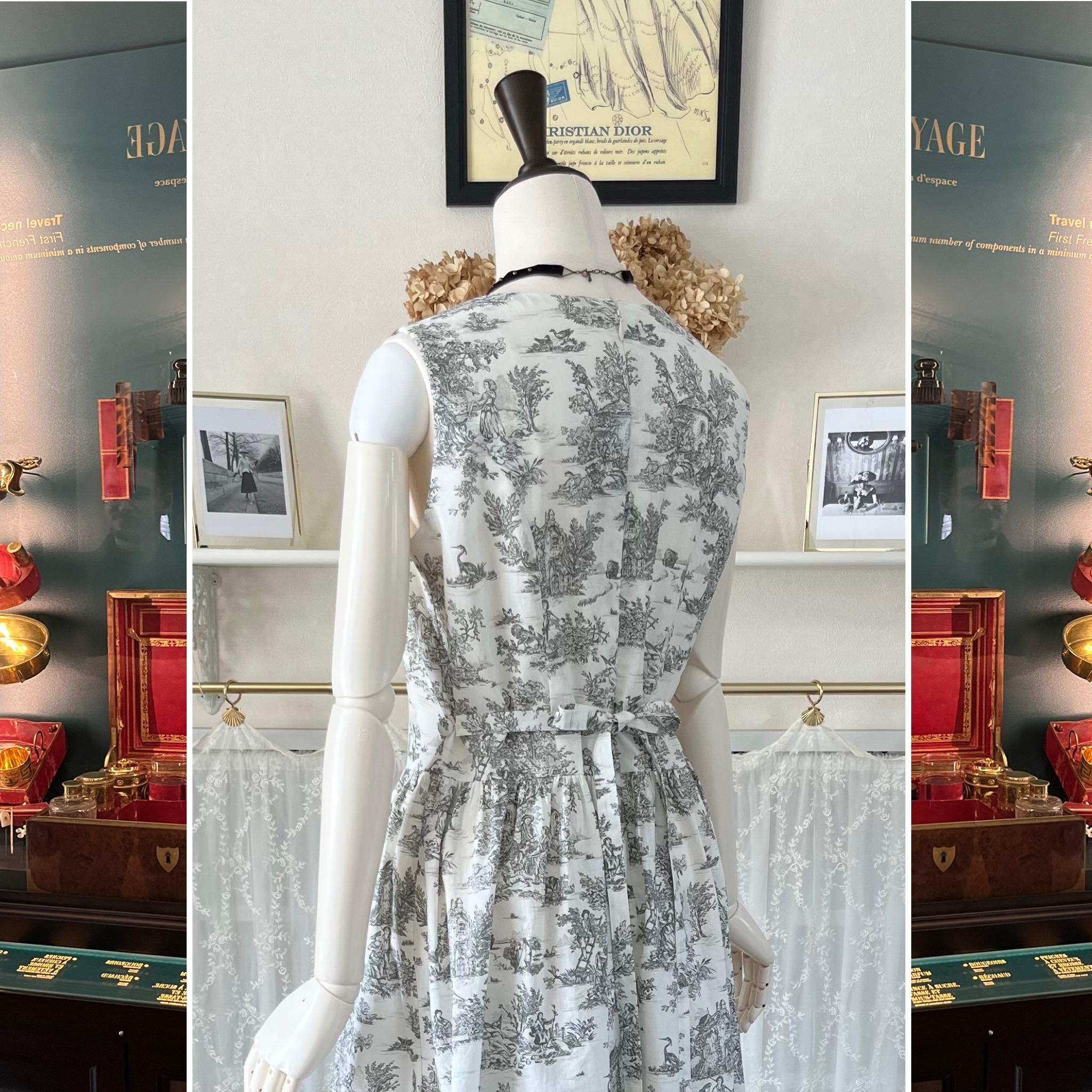 フランス製トワル・ド・ジュイのノースリーブワンピース『アンリ』コットン・グレー・ギャザー・ウエストリボン・2WAY | 3枚目