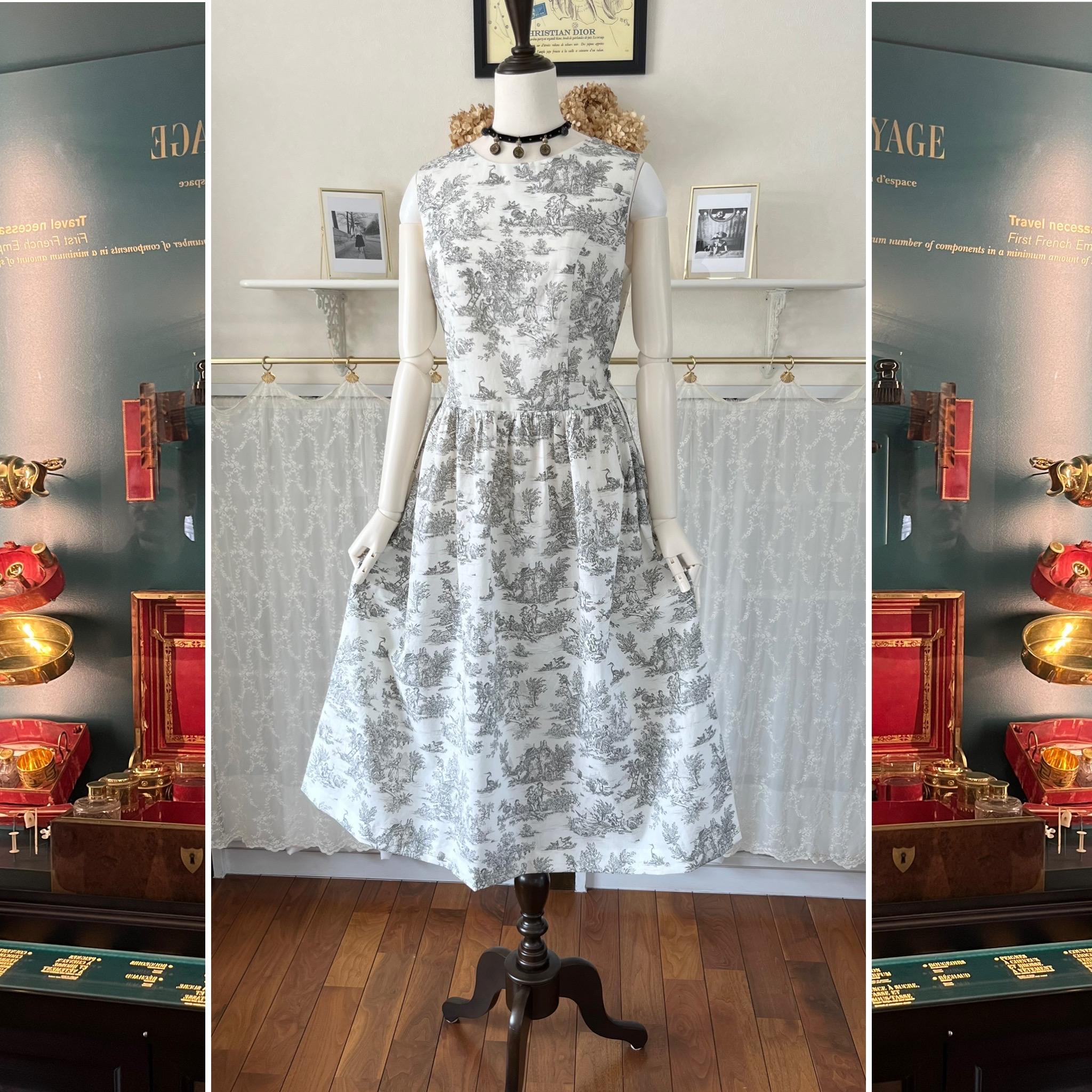 フランス製トワル・ド・ジュイのノースリーブワンピース『アンリ』コットン・グレー・ギャザー・ウエストリボン・2WAY | 6枚目