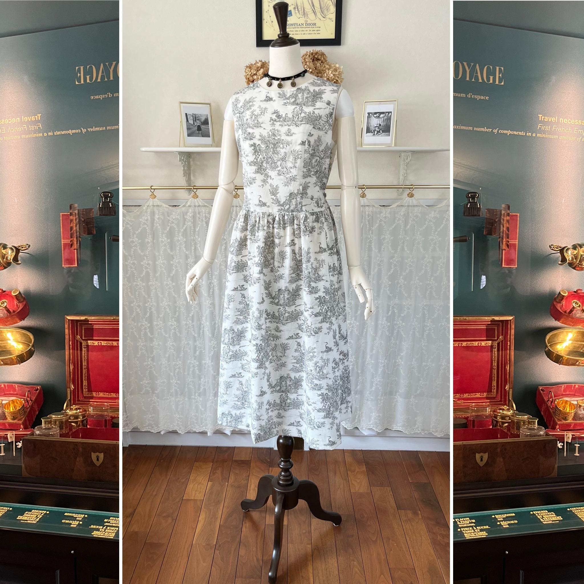 フランス製トワル・ド・ジュイのノースリーブワンピース『アンリ』コットン・グレー・ギャザー・ウエストリボン・2WAY | 7枚目