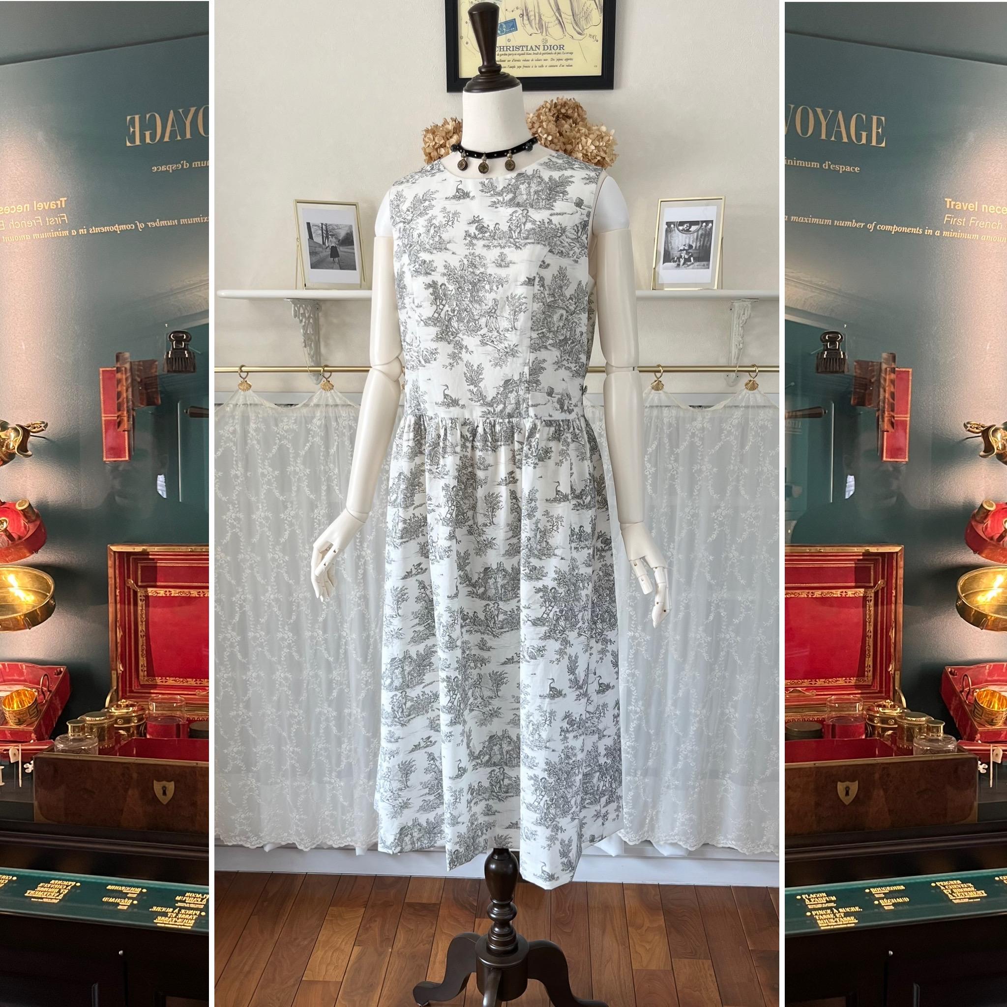 フランス製トワル・ド・ジュイのノースリーブワンピース『アンリ』コットン・グレー・ギャザー・ウエストリボン・2WAY | 9枚目