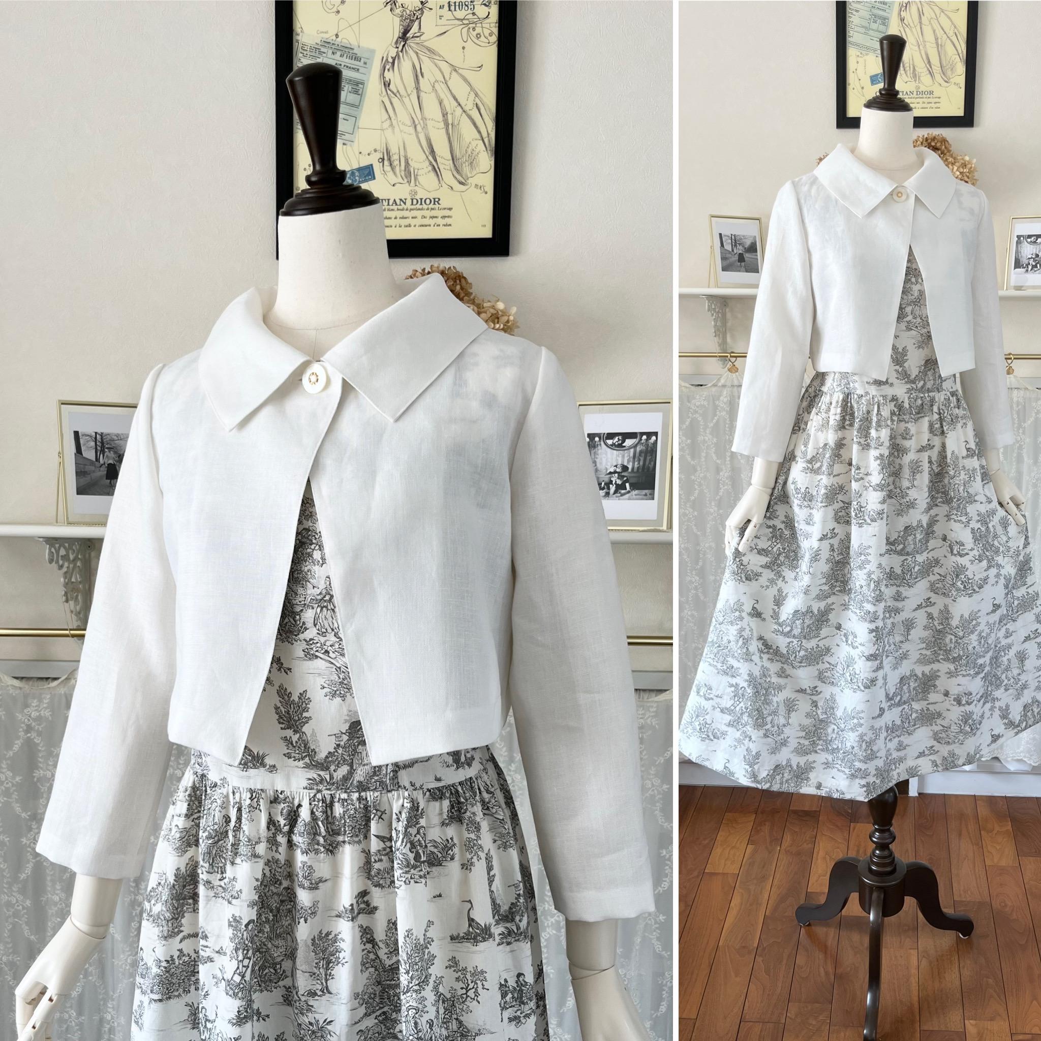 上質オフ白リネンの襟付きボレロ・ハオリモノ・ショートジャケット・丈短