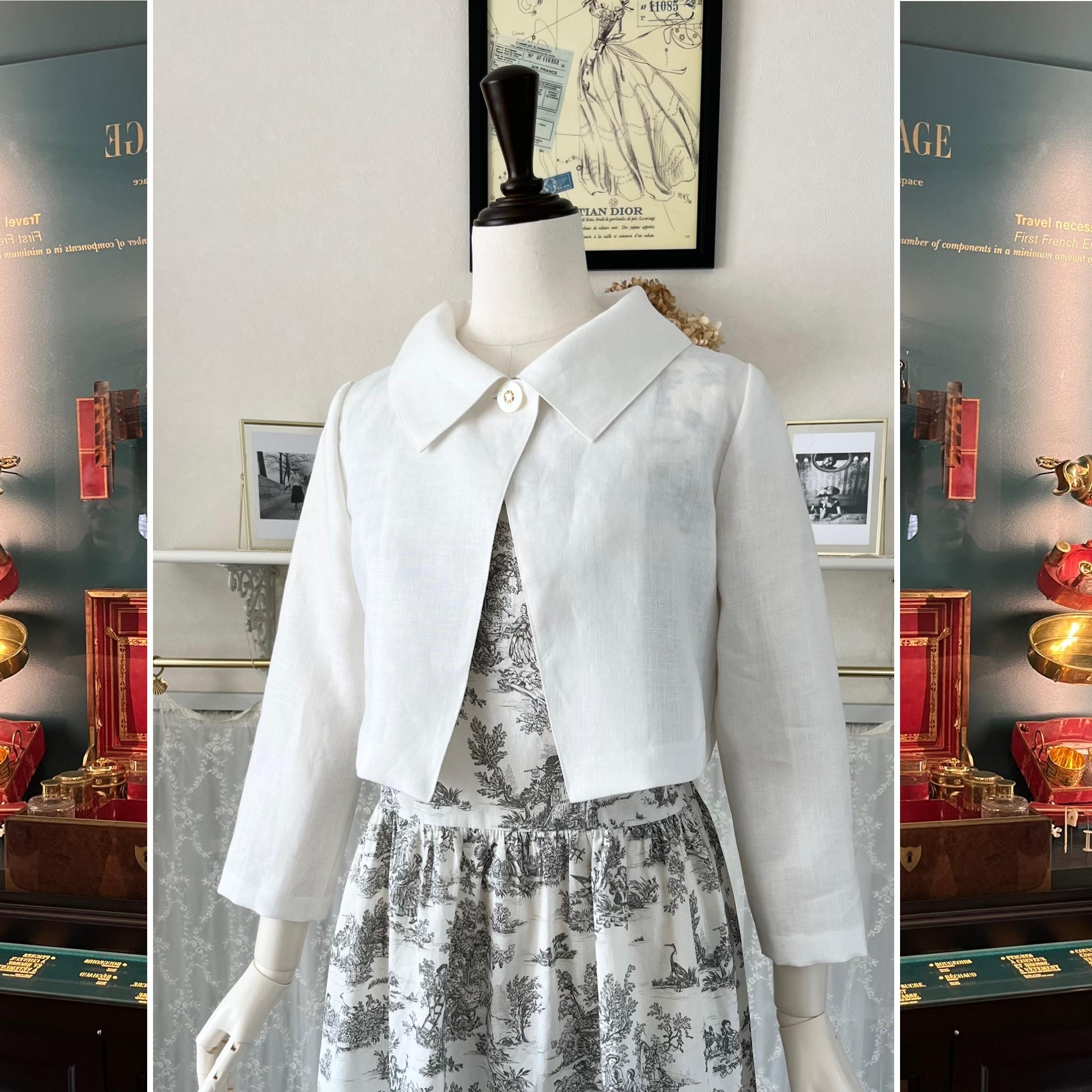 上質オフ白リネンの襟付きボレロ・ハオリモノ・ショートジャケット・丈短 | 2枚目