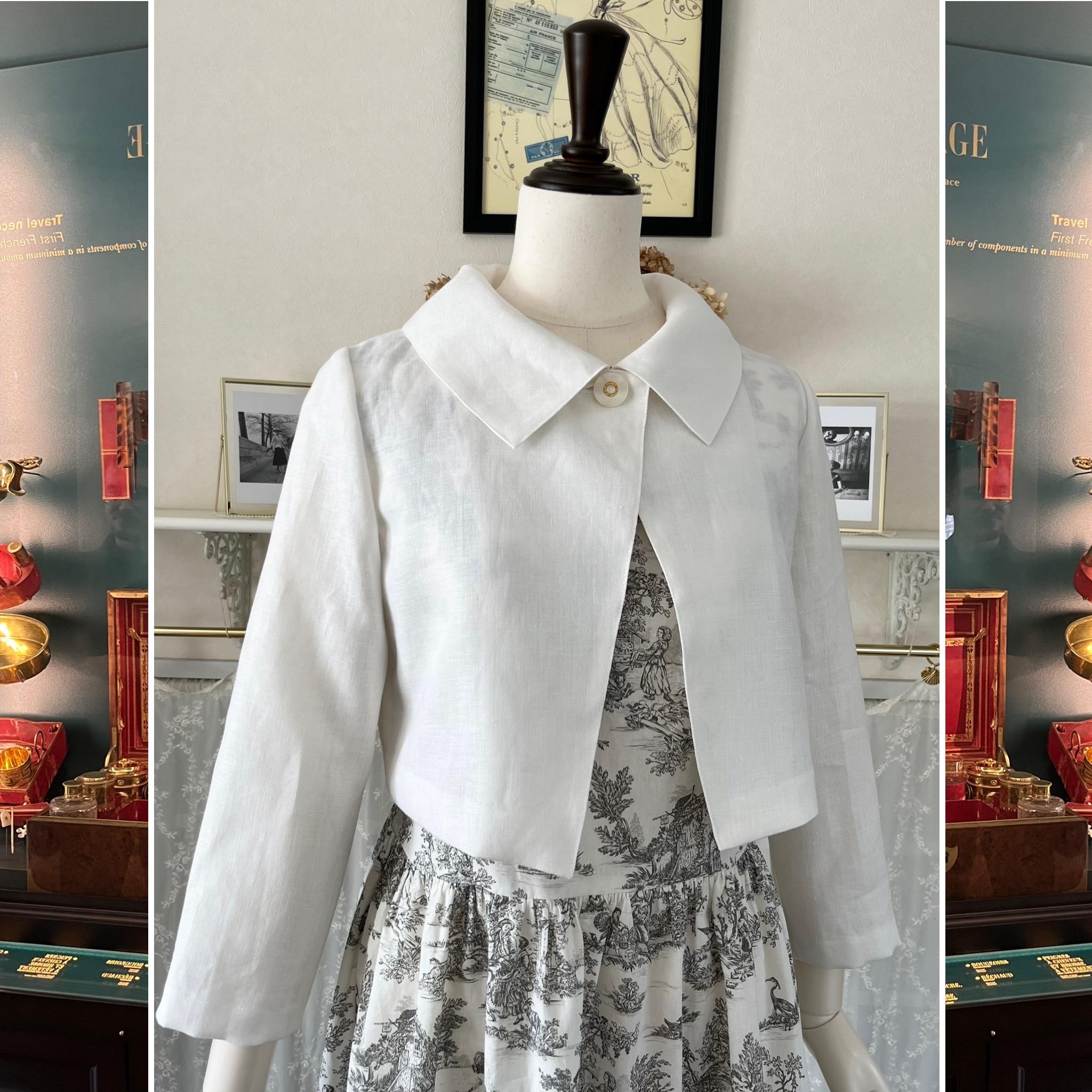 上質オフ白リネンの襟付きボレロ・ハオリモノ・ショートジャケット・丈短 | 3枚目