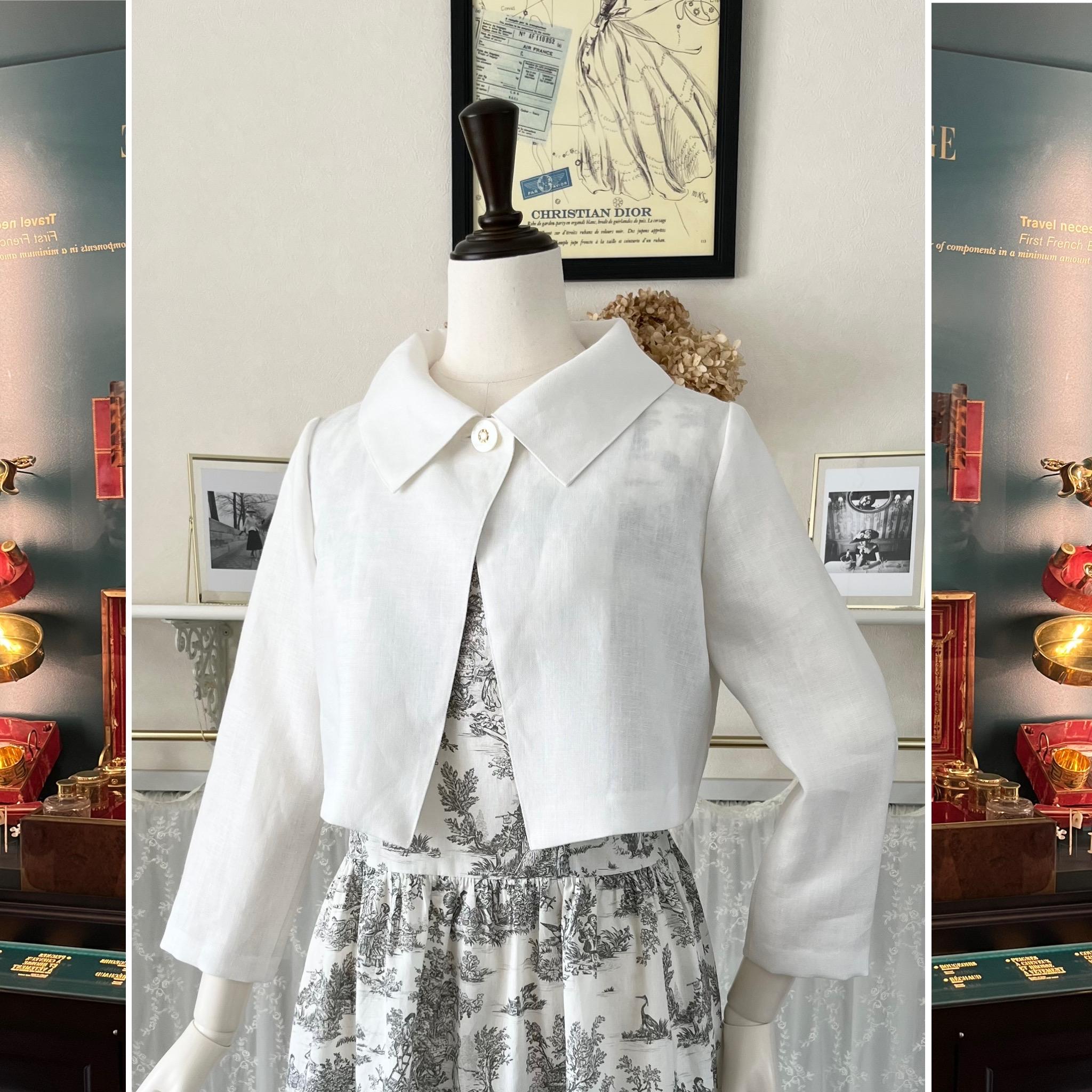 上質オフ白リネンの襟付きボレロ・ハオリモノ・ショートジャケット・丈短 | 6枚目