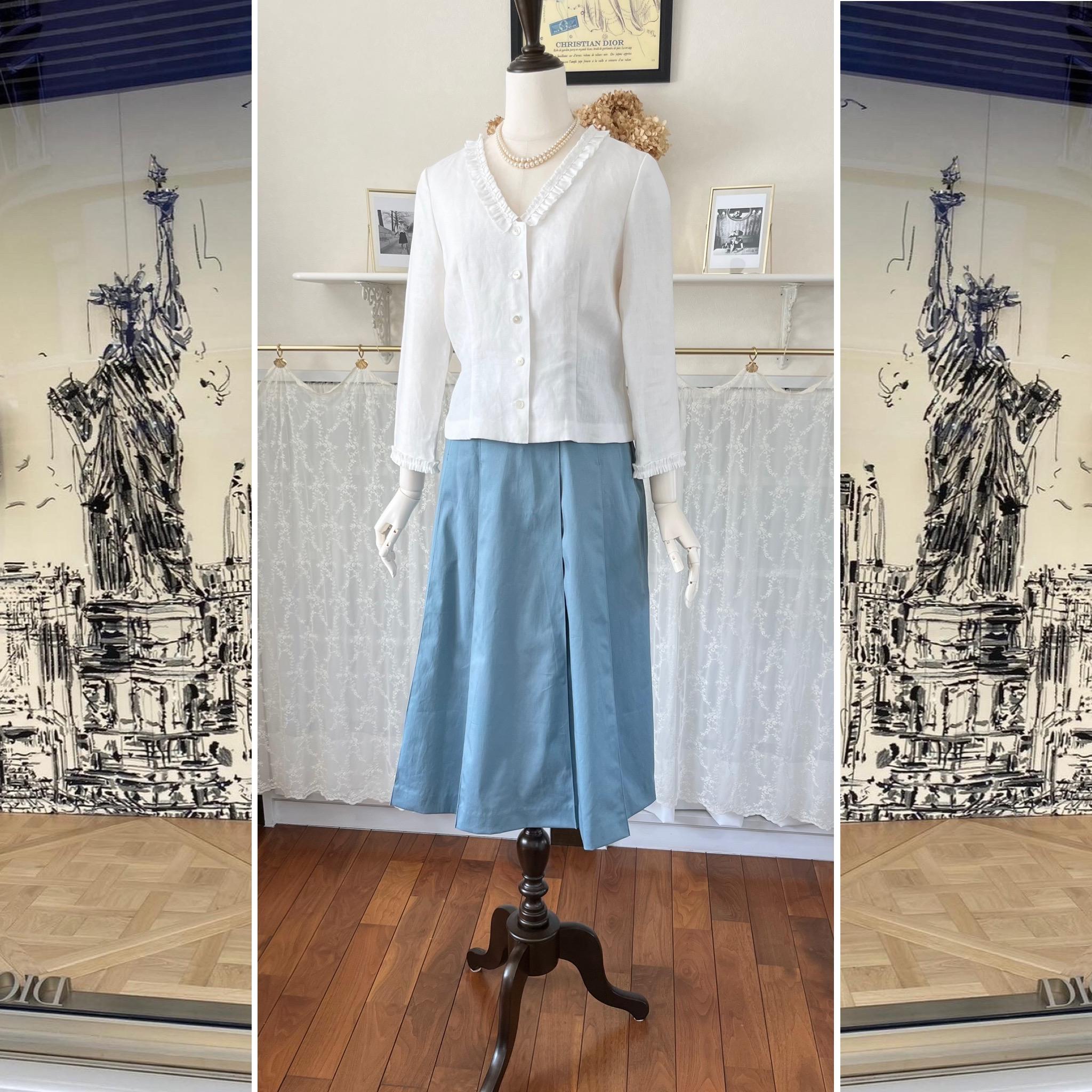 コットン・スモーキーブルーのタックスカート『Aライン・後ろゴム・くすみカラー・ニュアンスカラー』 | 4枚目