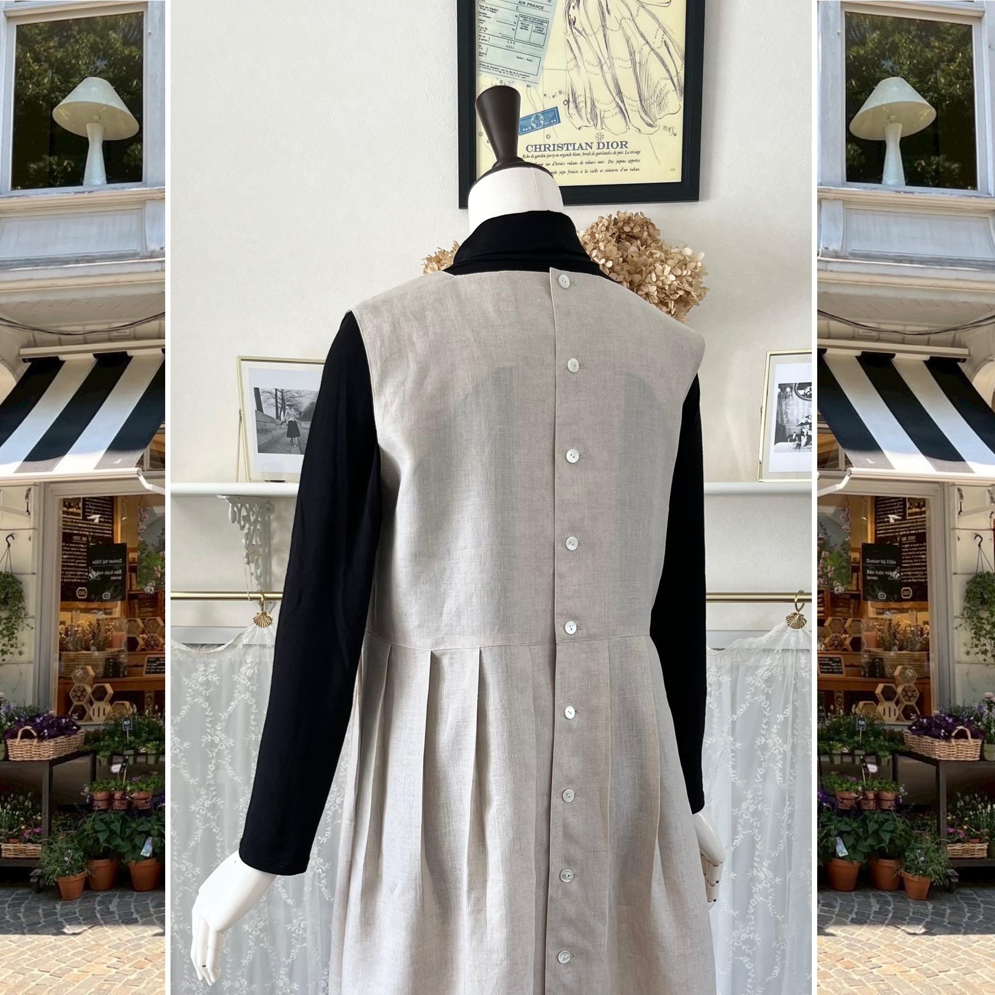 リネン・ノースリーブのタックワンピース『サリー』エクリュ・ナチュラル・スクエアネック・ジャンパースカート・ロング | 5枚目